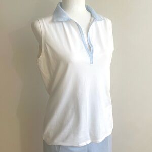 Lamberto Losani Sleeveless Cotton Blend Polo Top, Light Cream & Blue XL / 12
